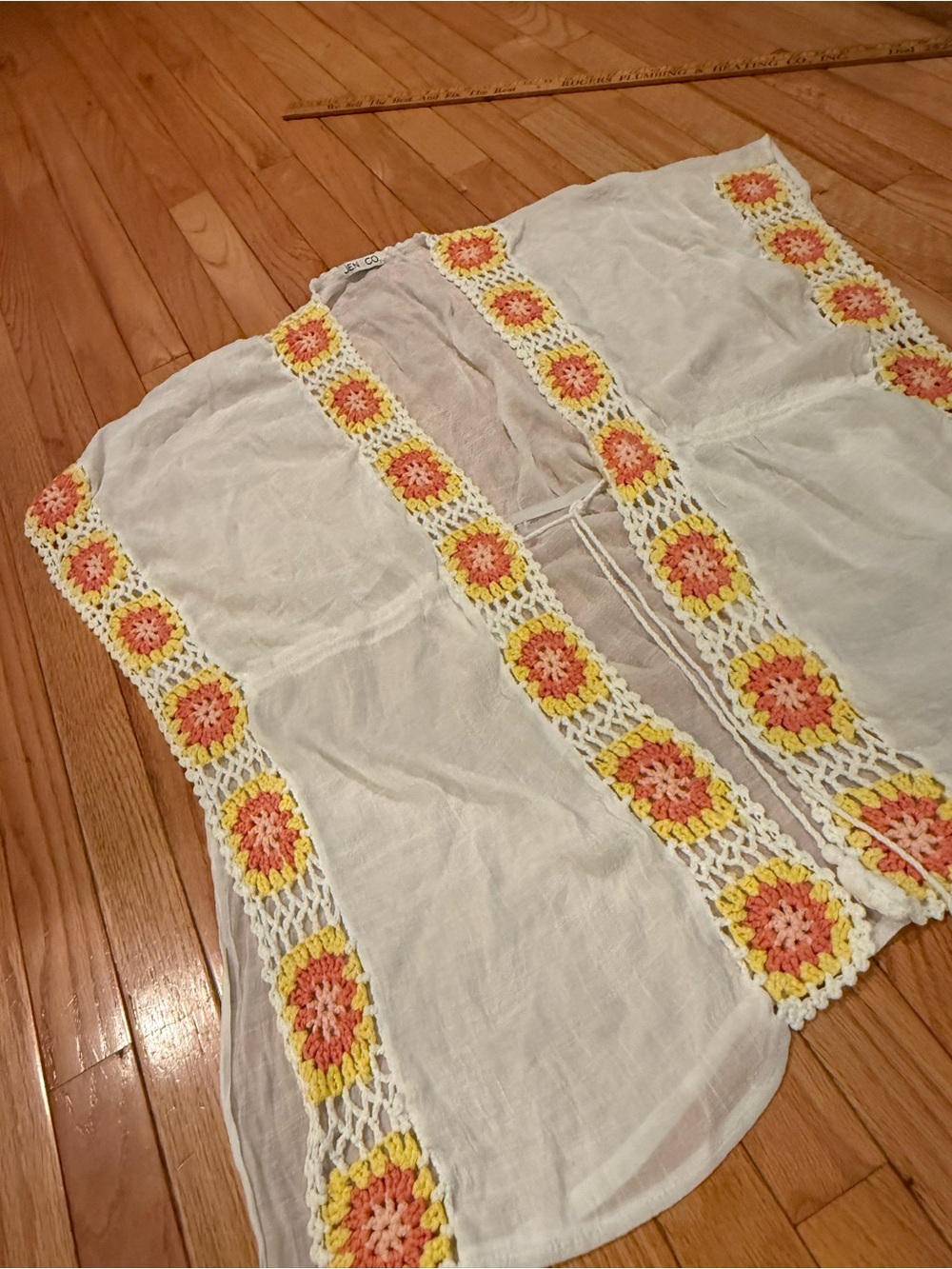 Sheer White Beach Cover-Up Crochet Floral Trim boho swim beach coastal OSFM - Picture 6 of 11